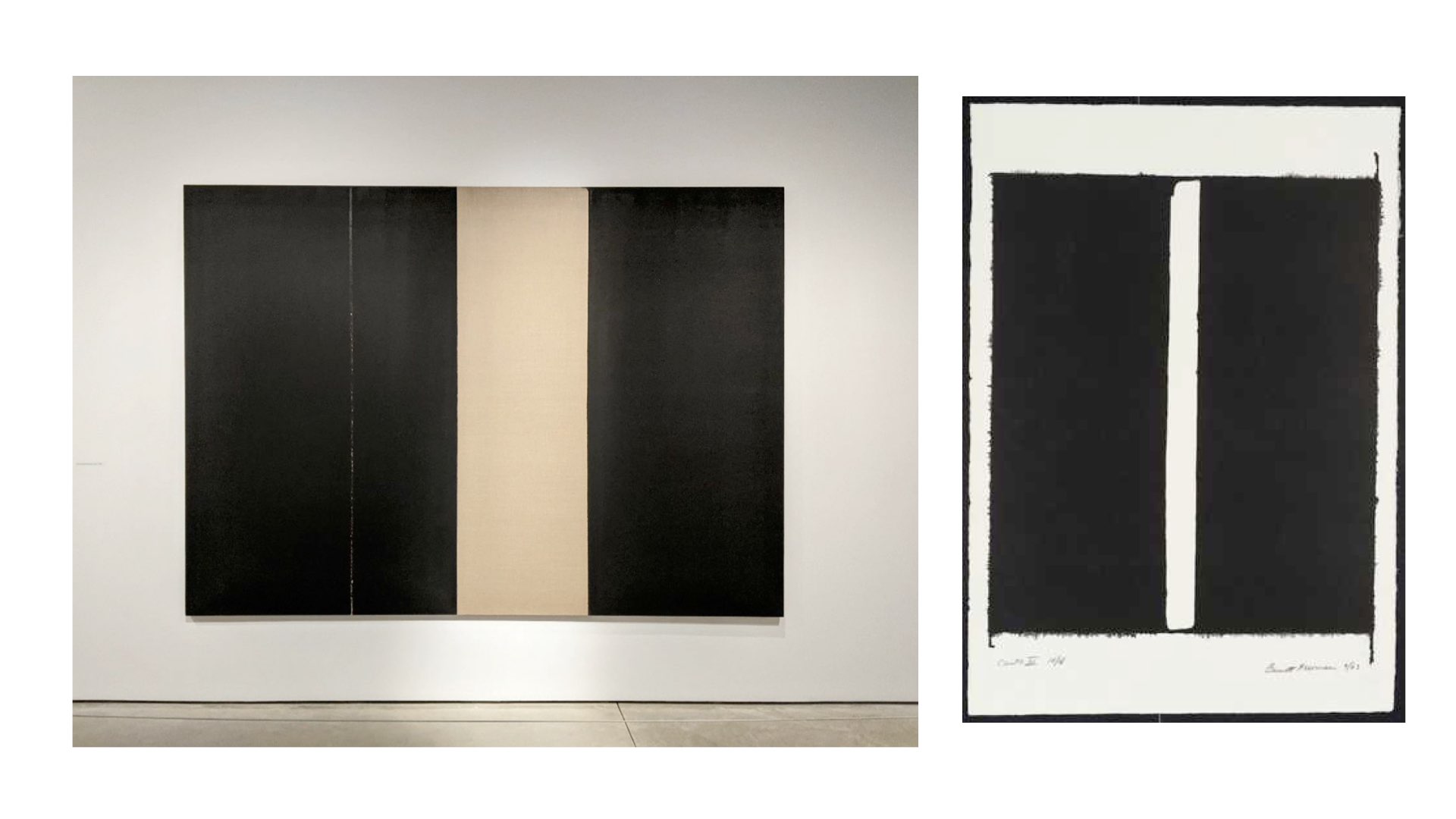 A painting by Yun Hyong-keun alongside a print by Barnett Newman, both abstract and rectilinear