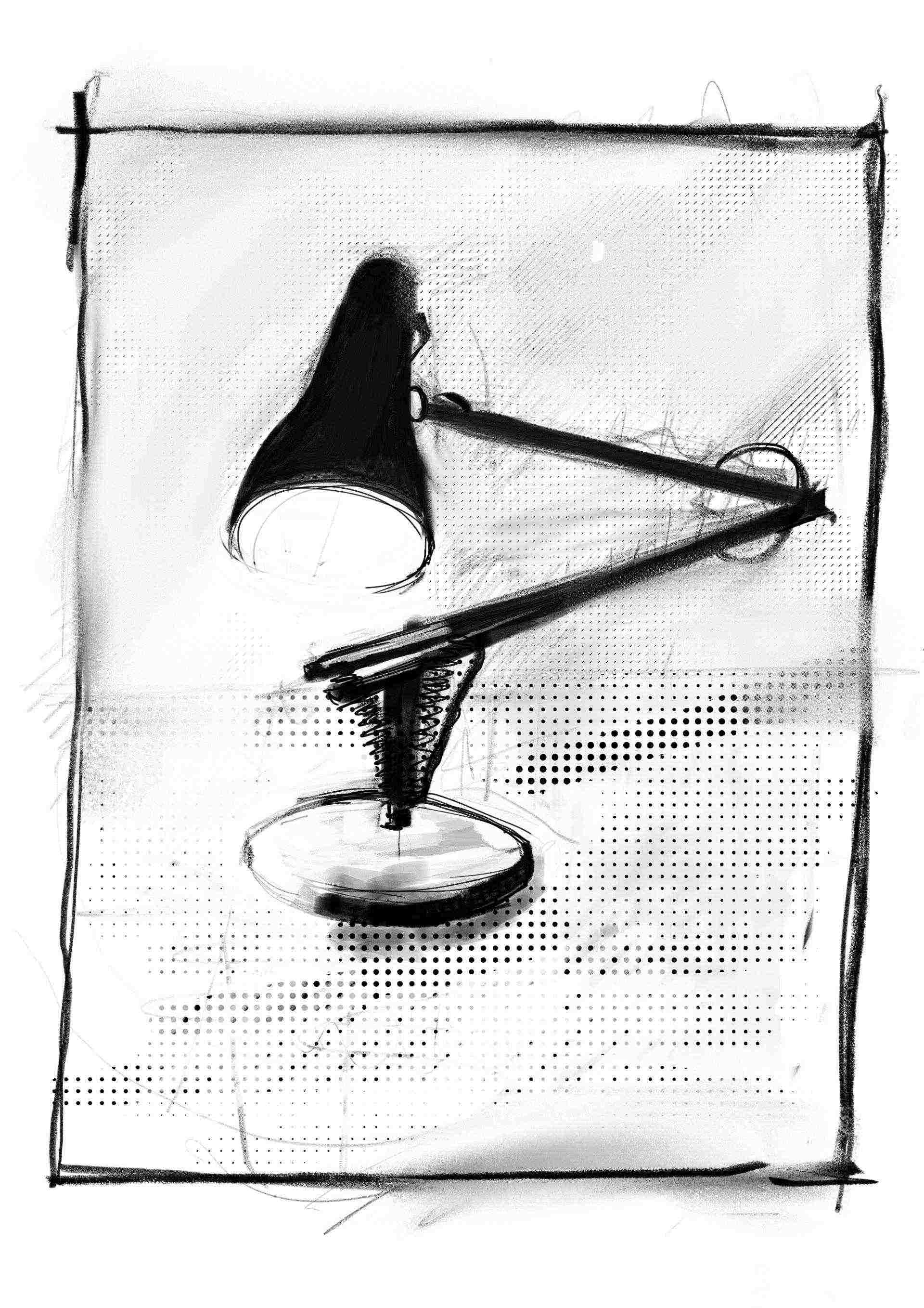Still life digital drawing of an anglepoise lamp