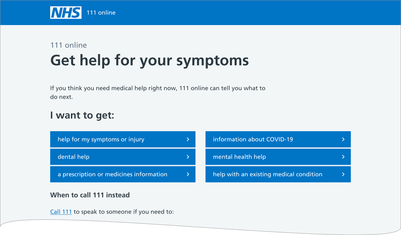 Screen grab of 111.nhs.uk in desktop format