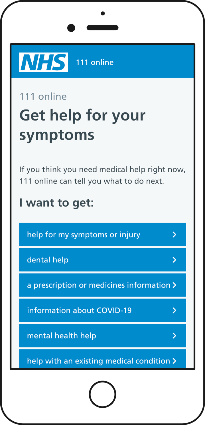 Screen grab of 111.nhs.uk in mobile format