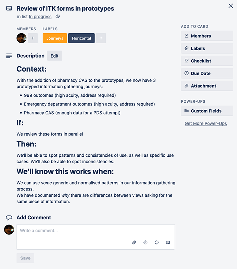 Example ticket showing a review of forms in prototypes