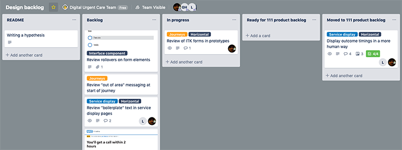 Trello board showing our design backlog