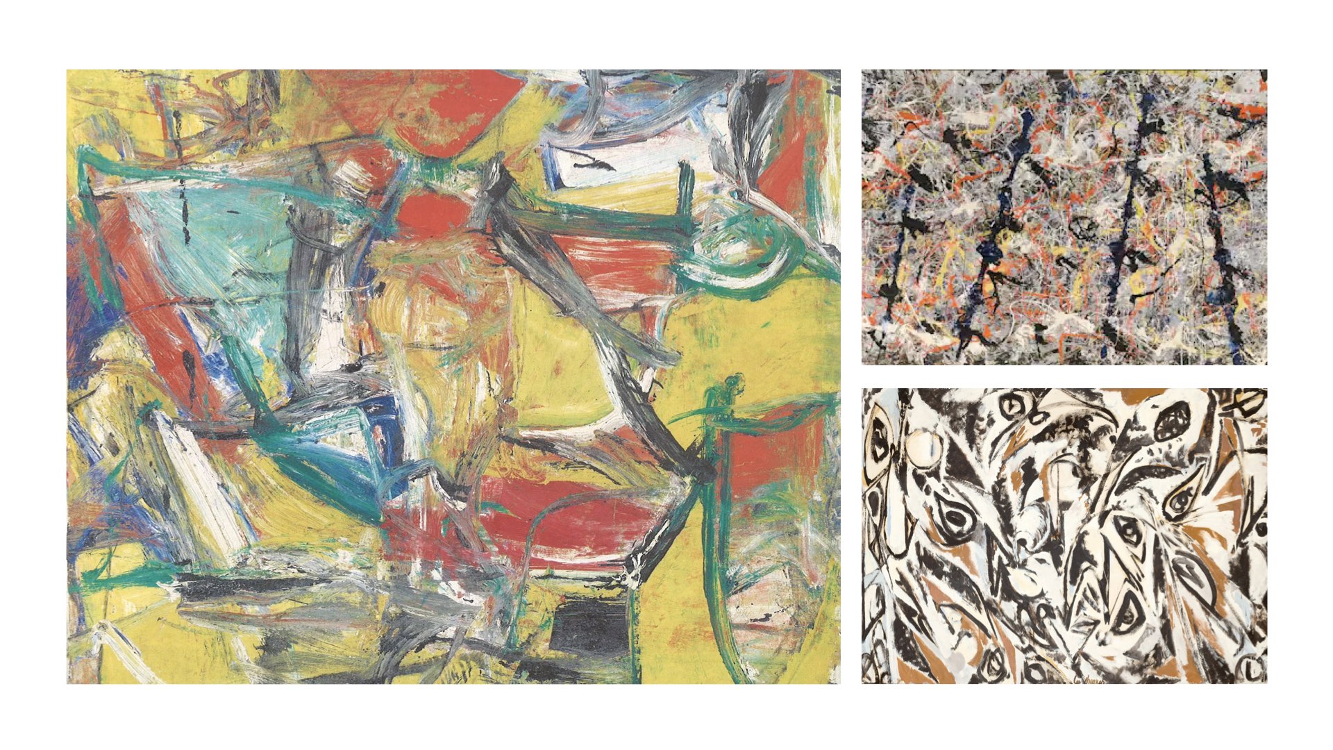 Details of paintings by Willem de Kooing, Lee Krasner, and Jackson Pollock
