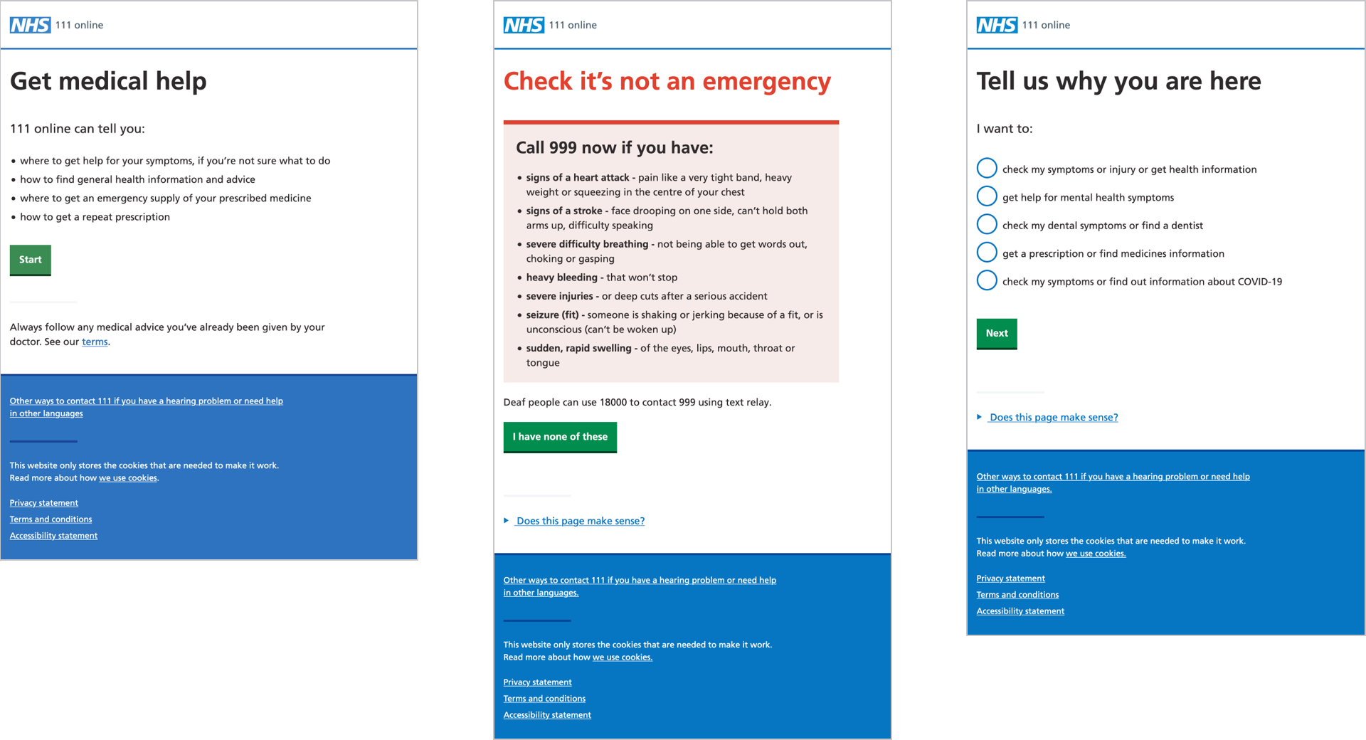 Screen grabs of the original first 3 steps of 111.nhs.uk
