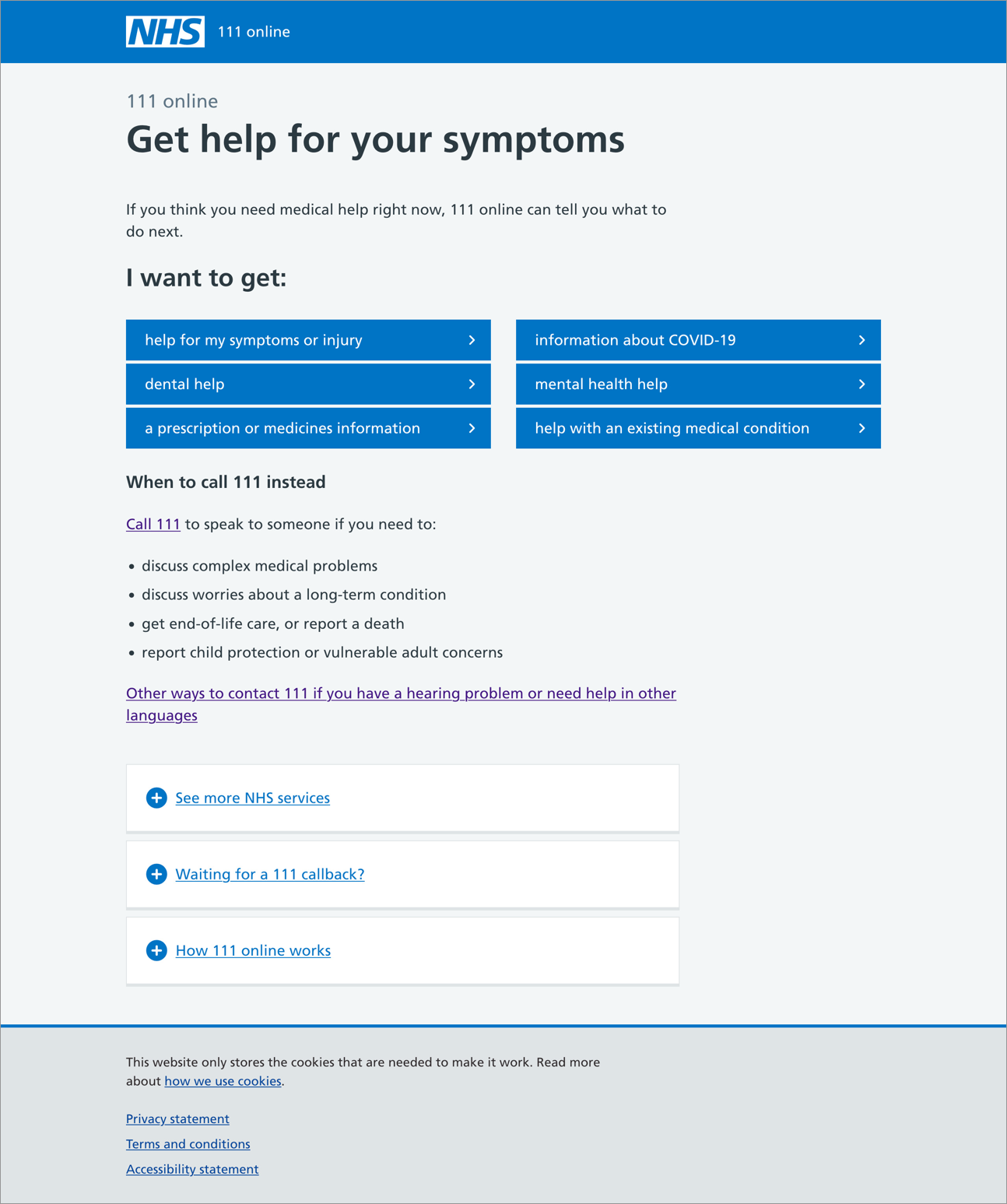 Screen grab of 111.nhs.uk