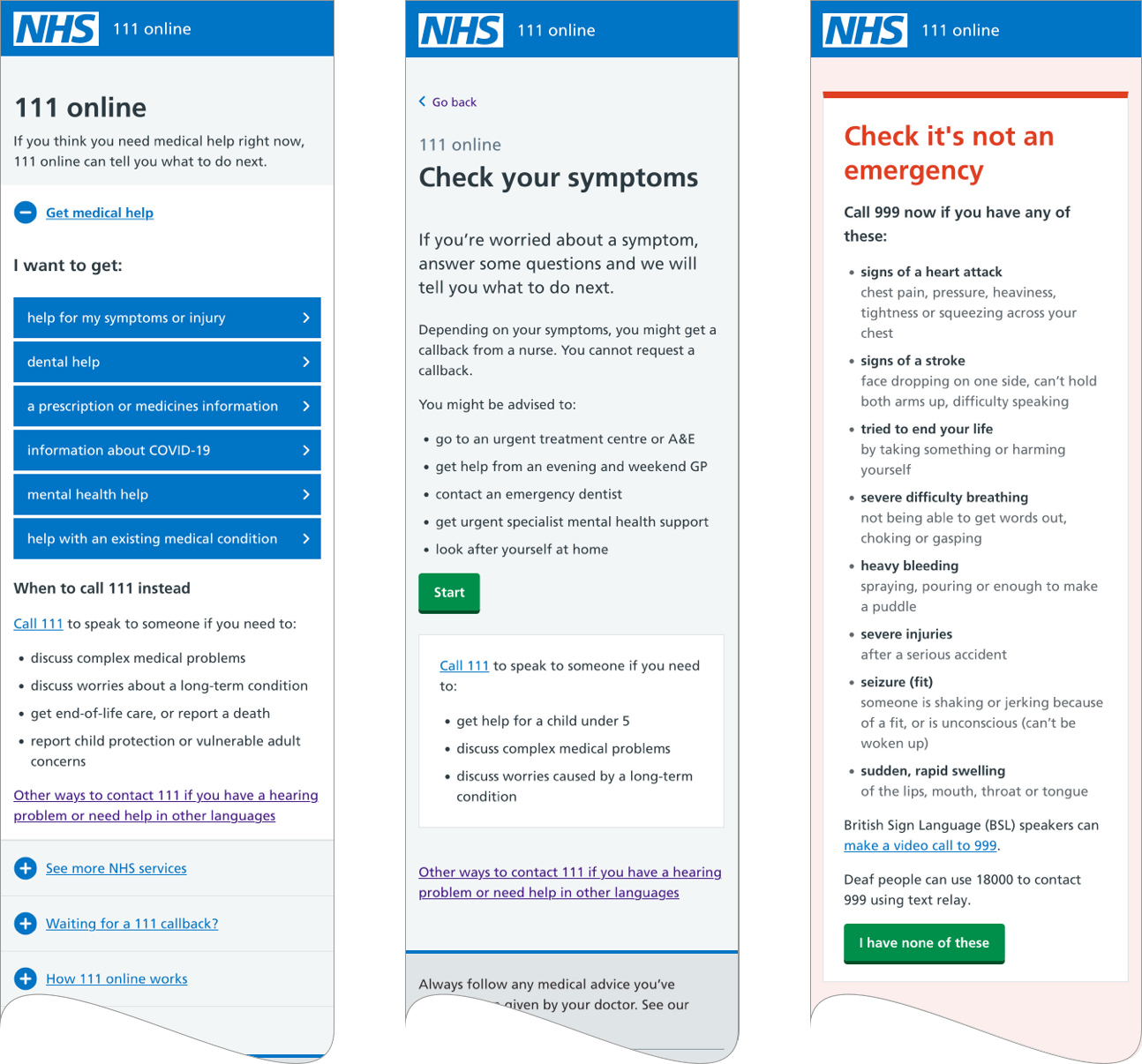 Screen grabs of the new first 3 steps of 111.nhs.uk